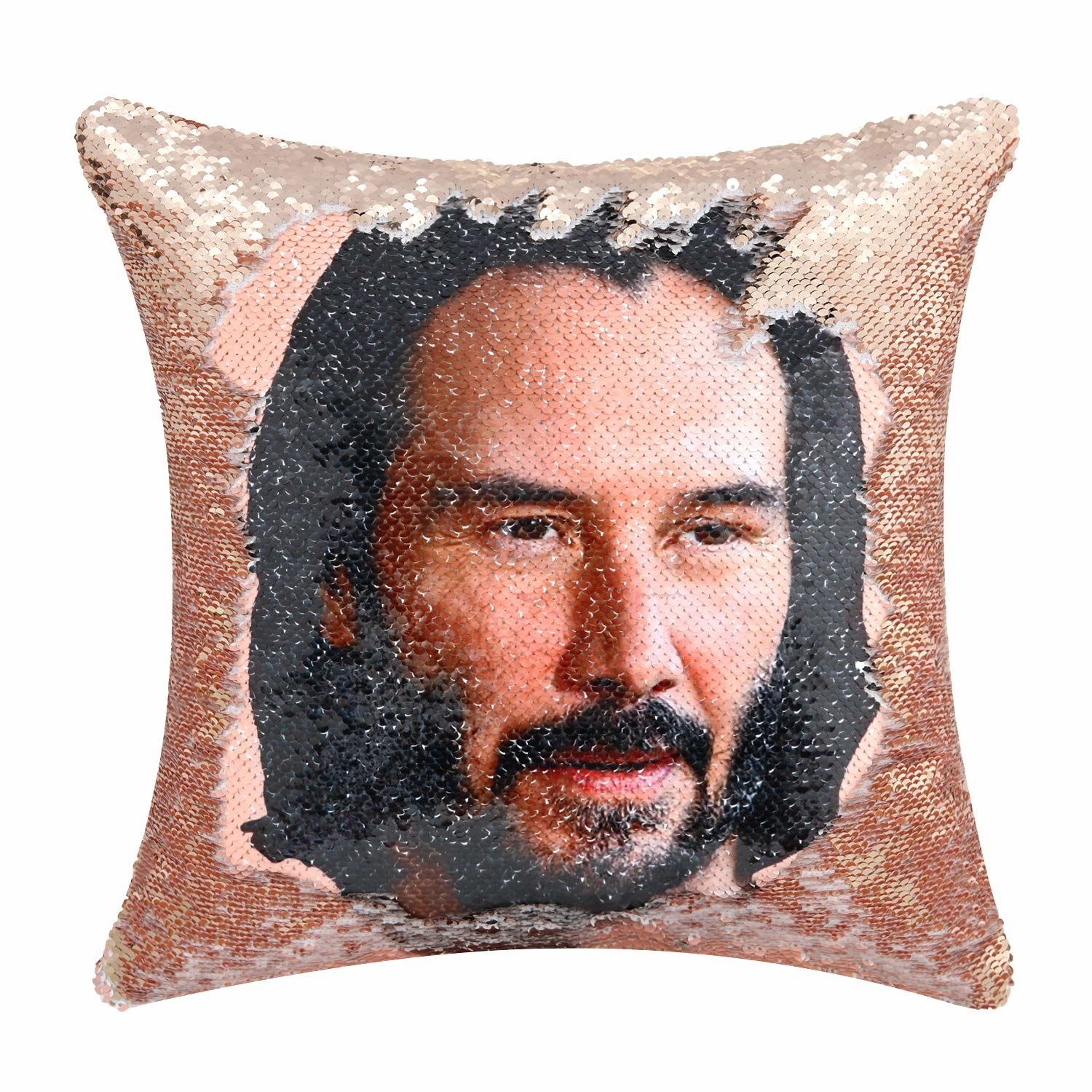 The sequin pillow hiding a picture of Keanu Reeves