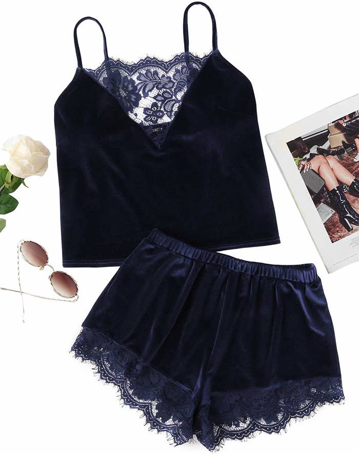 navy velour tank and shorts with lace edges