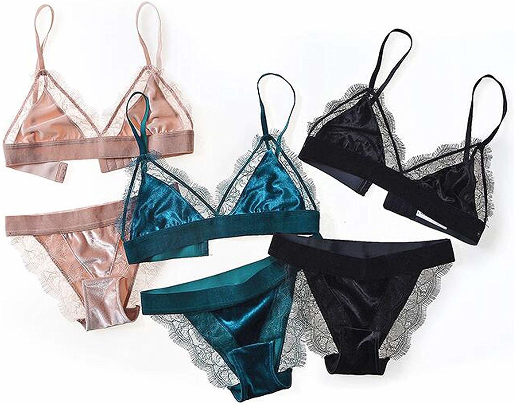 the bra and underwear set in pink, blue, and black
