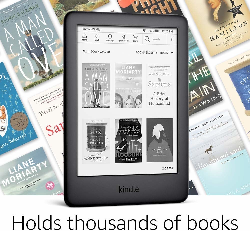 The black Kindle with text "holds thousands of books"