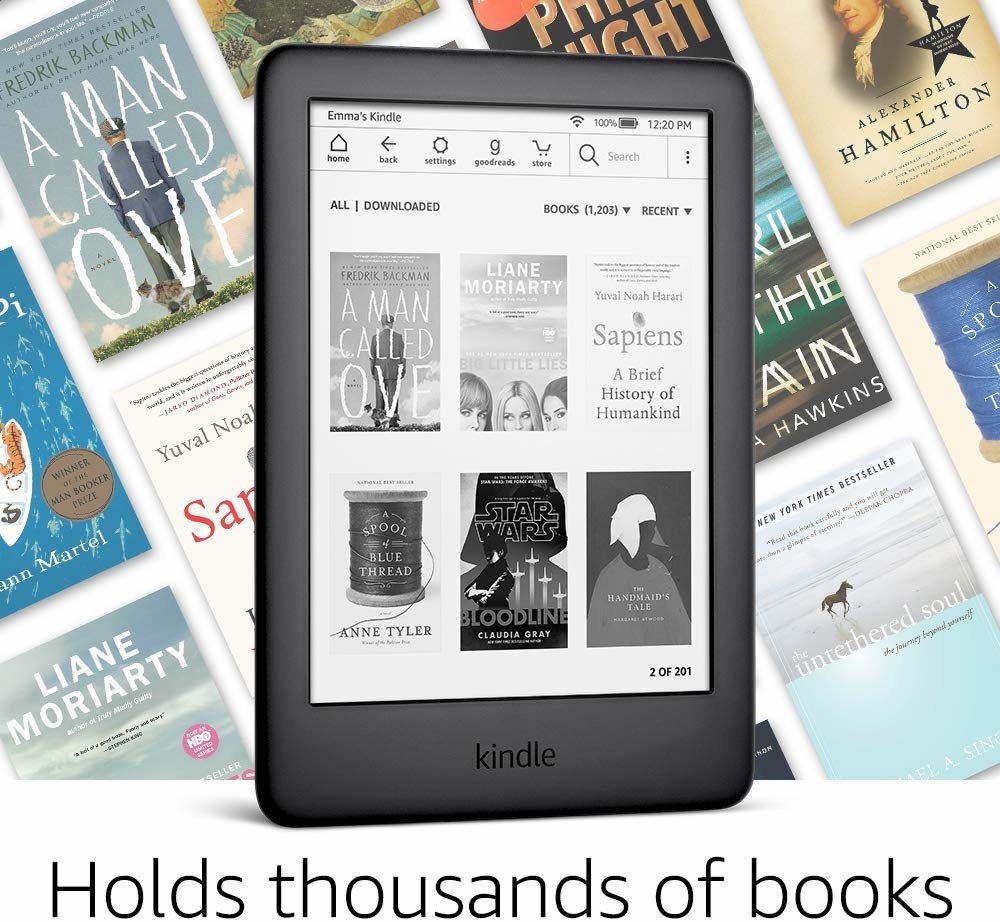 The black Kindle with text &quot;holds thousands of books&quot;