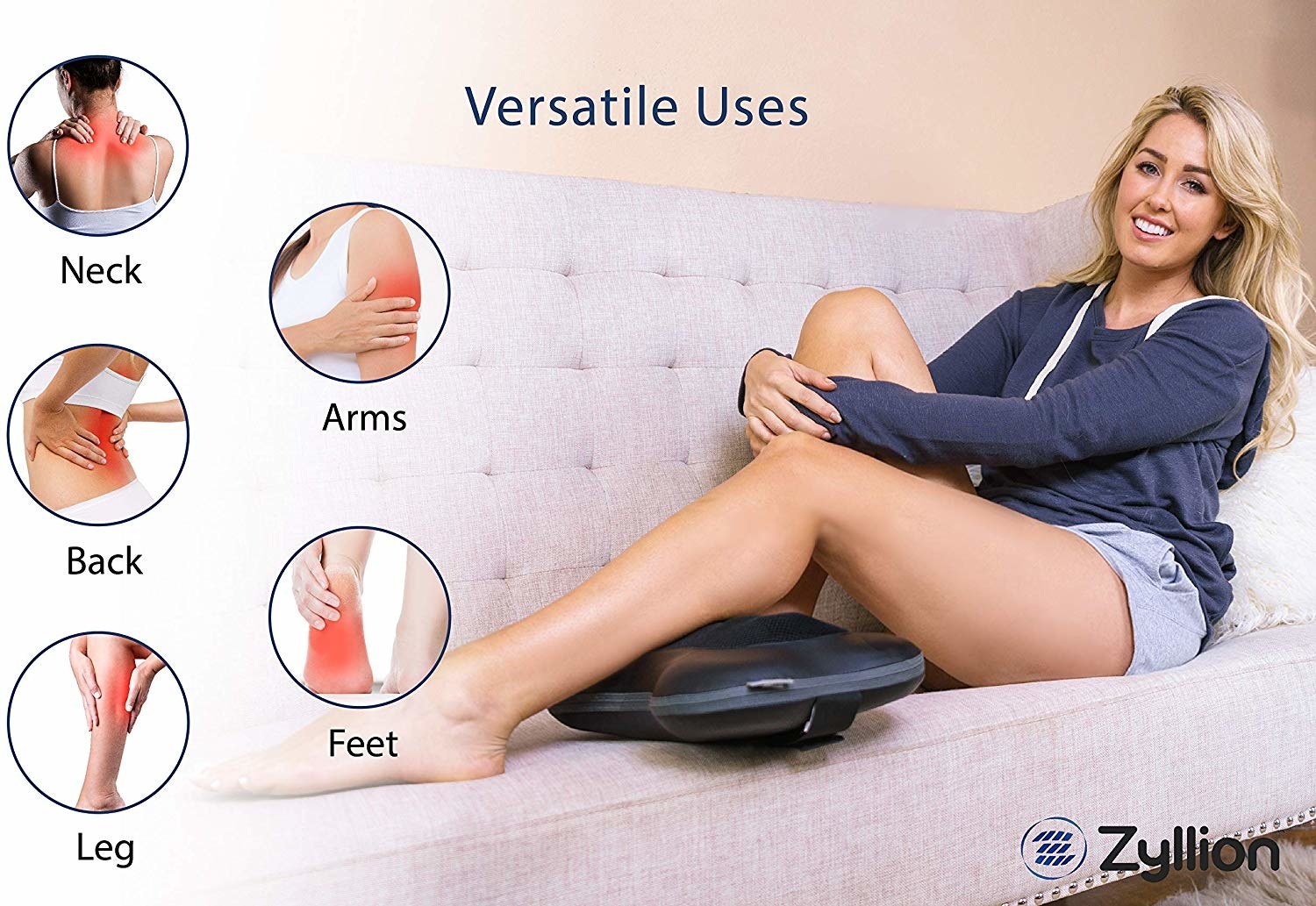 A model using it on their calf, plus images showing it working for necks, arms, backs, feet, and legs