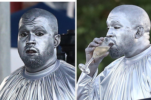Didn't See Those Pics Of Kanye West Completely Covered In Silver Paint? Well Here They Are