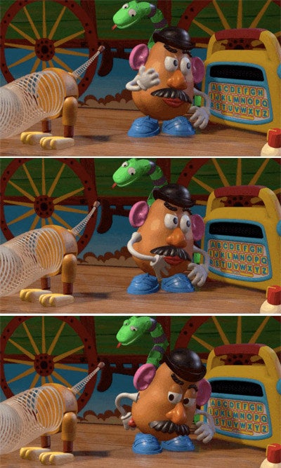 Mr. Potato Head taking off his lips and putting them on his butt