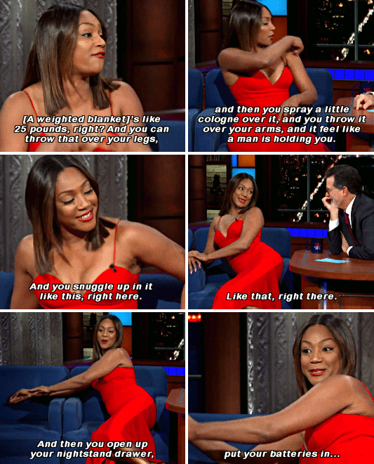 Tiffany Haddish saying she likes to spray cologne on her weighted blanket