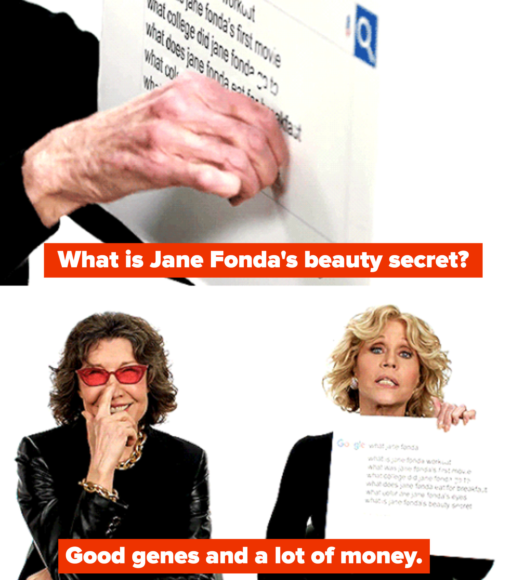 Jane Fonda saying her beauty secret is good genes and a lot of money