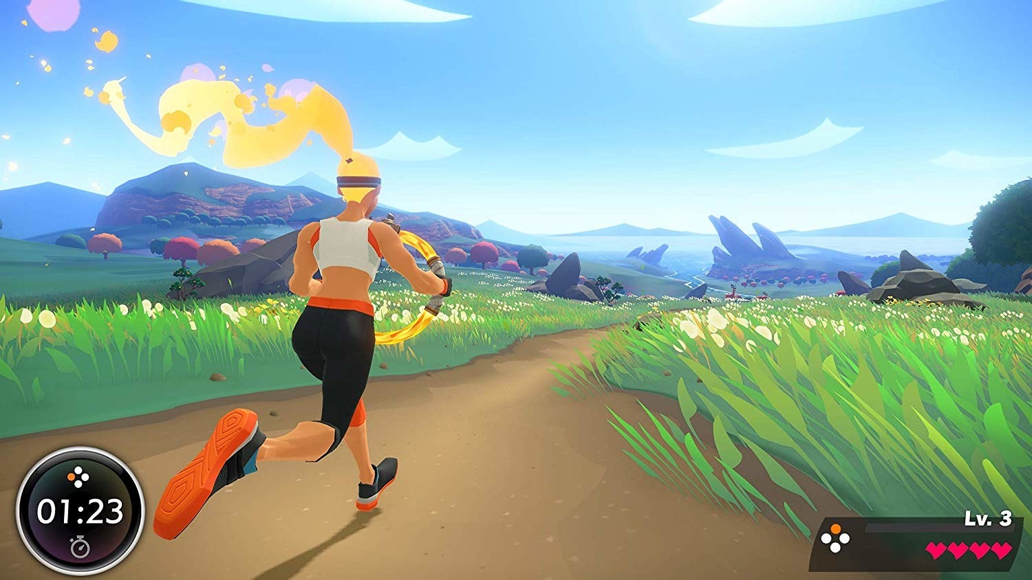 The game&#x27;s avatar running down a cartoon path 