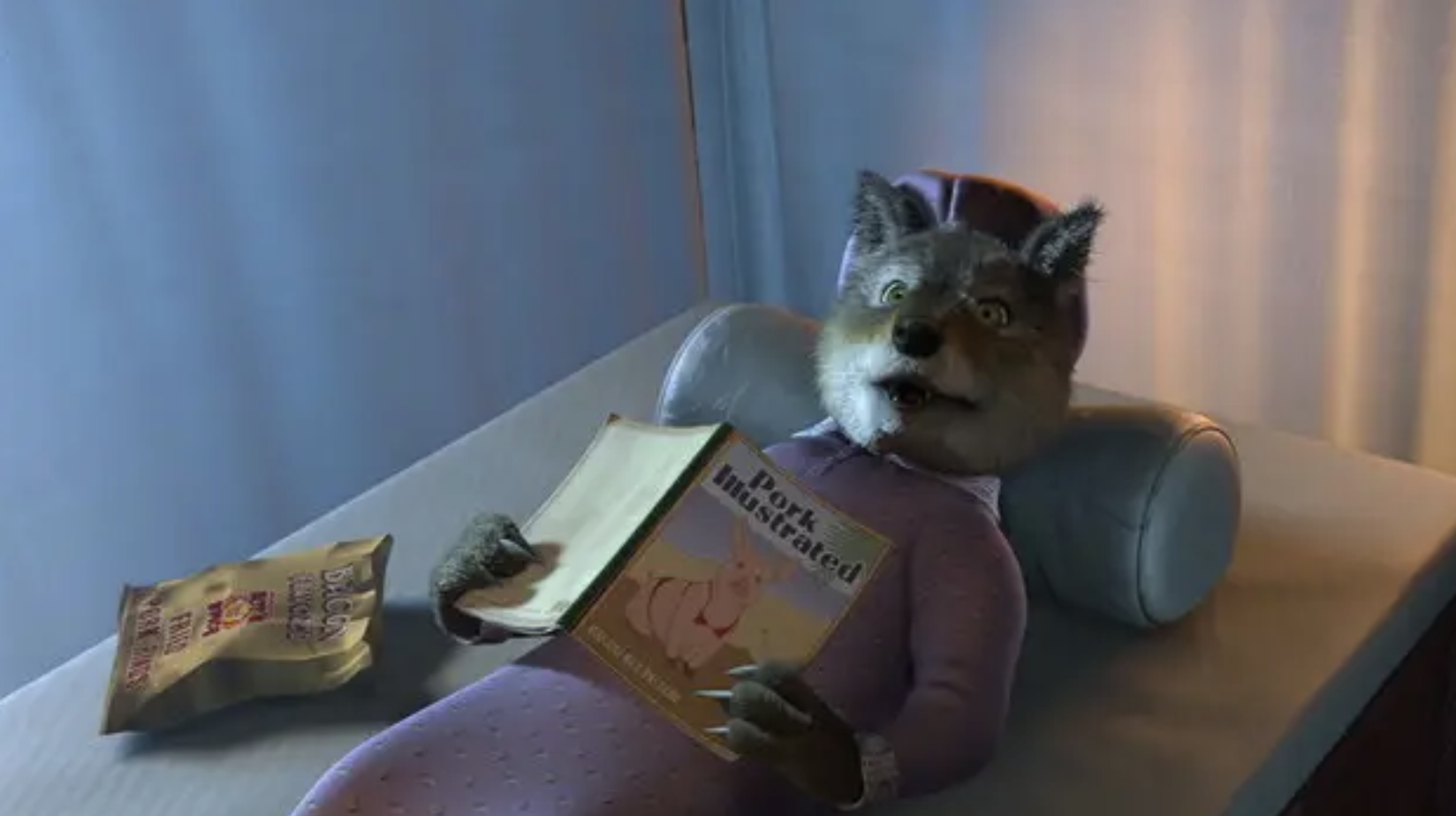 A wolf reading a magazine called &quot;Pork Illustrated&quot;