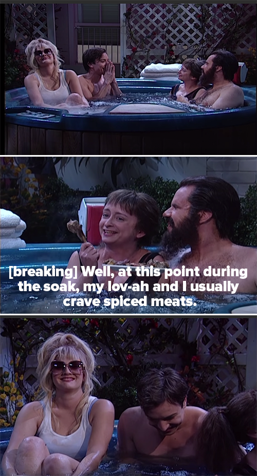 Jimmy laughing, Rachel breaking while saying &quot;well, at this point during my soak, my love-ah and I usually crave spiced meats,&quot; and everyone laughing