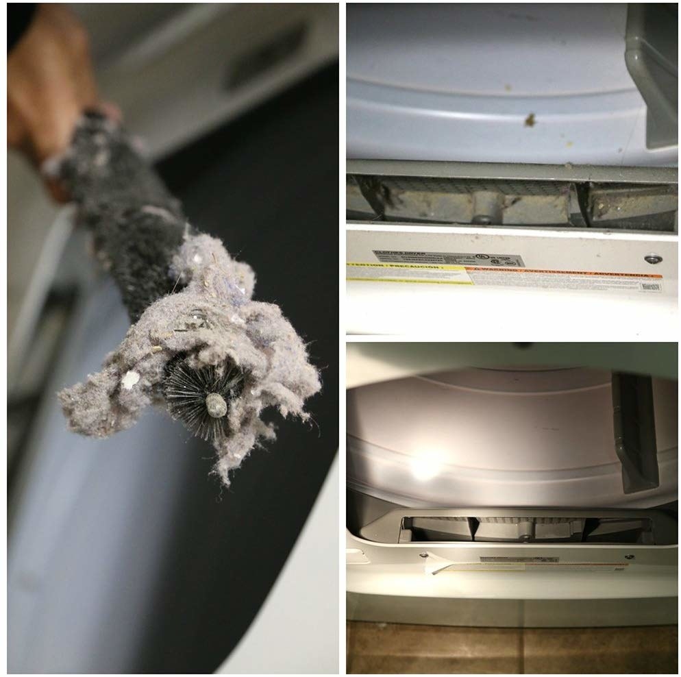 A before and after photo showing the massive amount of lint this brush picked up in a dryer