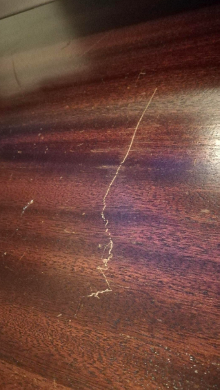 Wood with a large scratch and some smaller dings