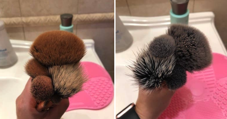 buzzfeed editor&#x27;s before and after photos of their makeup brushes looking much cleaner after using the shampoo