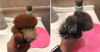editor's before and after of their makeup brushes being cleaned with the shampoo