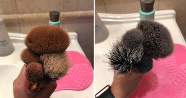 a side by side image of a buzzfeed editor's brushes before and after cleaning them