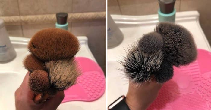buzzfeed editor&#x27;s before and after photos of their makeup brushes looking much cleaner after using the shampoo