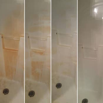a progression of photos of the iron out spray removing rust stains from a shower wall