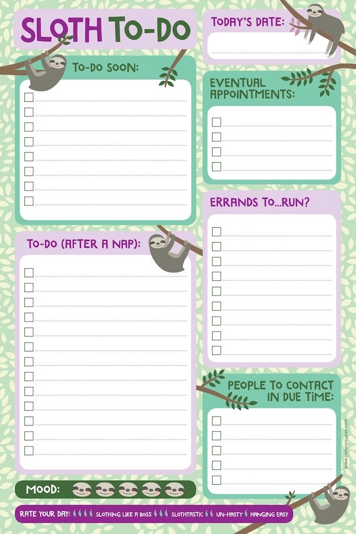 a single sheet from the note pad that has sections to fill out that say &quot;to-do soon,&quot; &quot;eventual appointments,&quot; &quot;to-do (after a nap),&quot; &quot;errands to run,&quot; and &quot;people to contact in due time.&quot;