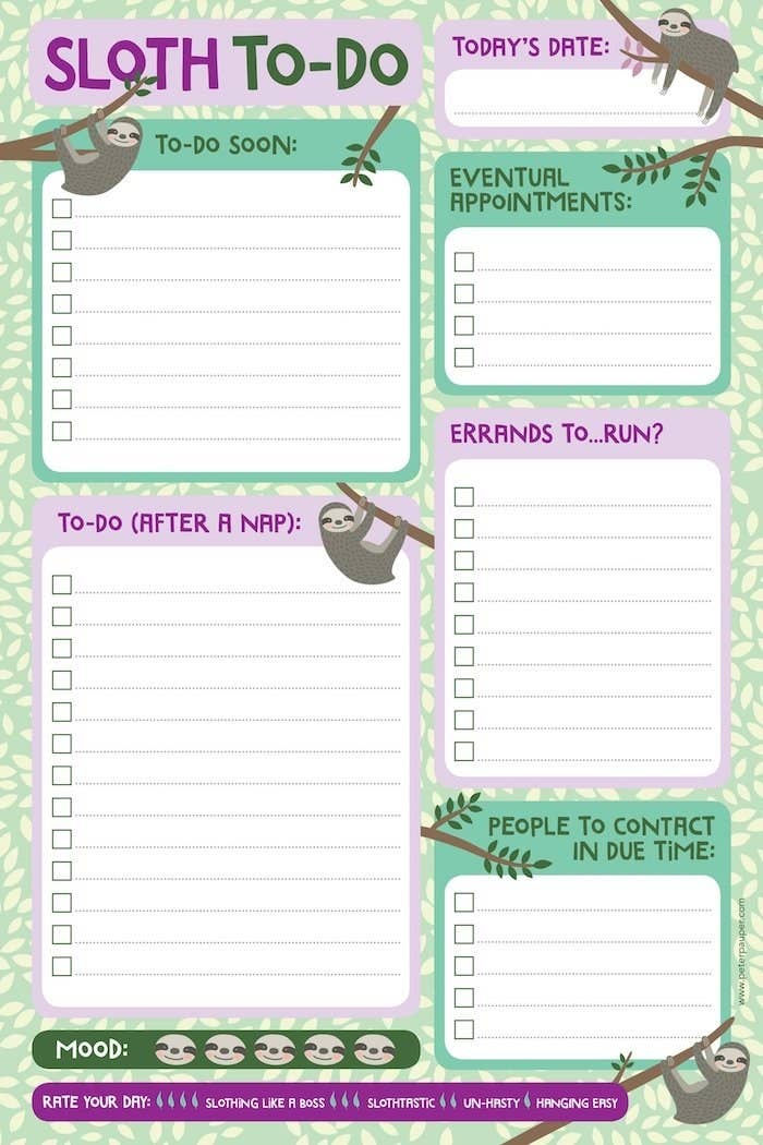 The planner, featuring cute pictures of sloths and sections with headings like &quot;Eventual Appointments&quot; and &quot;To-Do (After A Nap)&quot;