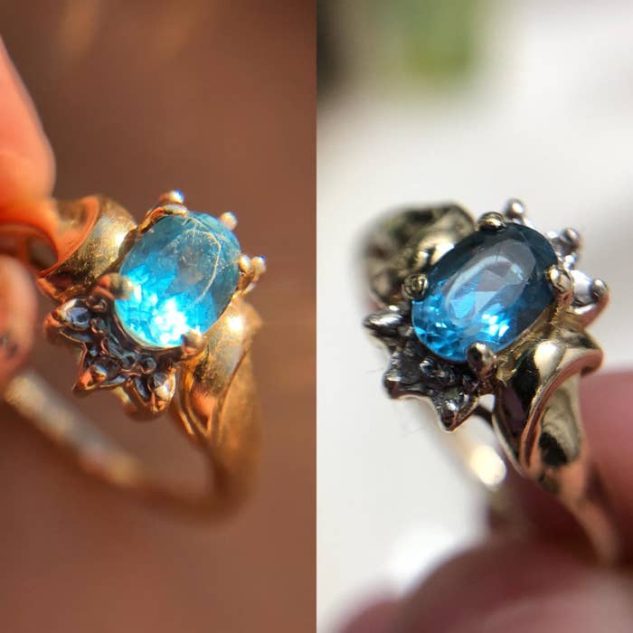 on the left a reviewer&#x27;s scratched and dull blue gem ring, on the right the same ring looking cleaner and clearer