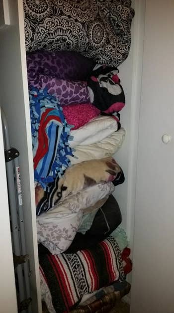 This is a photo of a closet that's open. Blankets fill up the closet from the floor to the ceiling. There are at least 13 different blankets in varying thicknesses and colors.