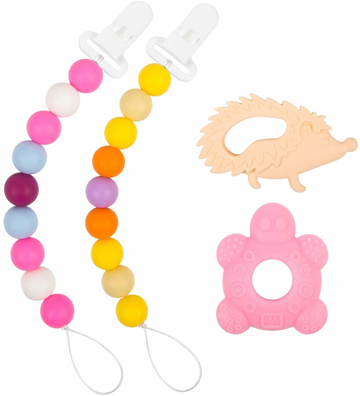 A pacifier clip with a string of silicone beads attached to it Two silicone animal-shaped teethers are next to it