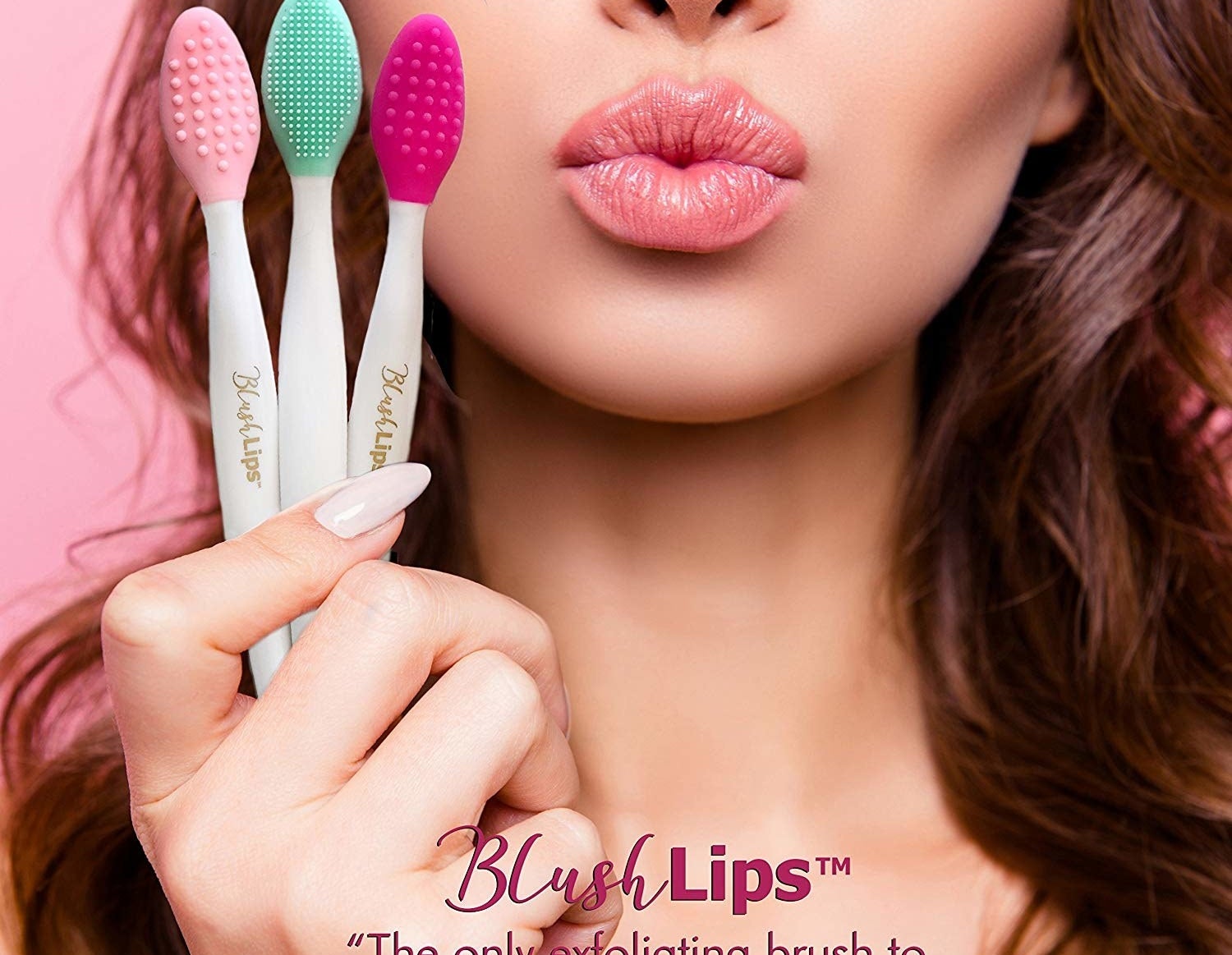 Person puckering lips while holding three toothbrush sized tools with silicone bumps for brushing lips 