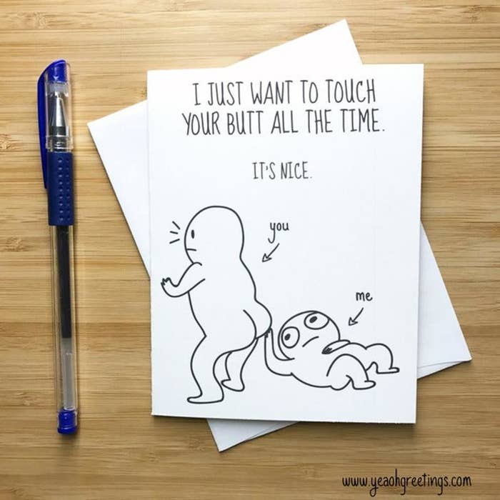 card that says, &quot;I just want to touch your butt all the time&quot; with an animated drawing of a person touching another person&#x27;s boot-ay
