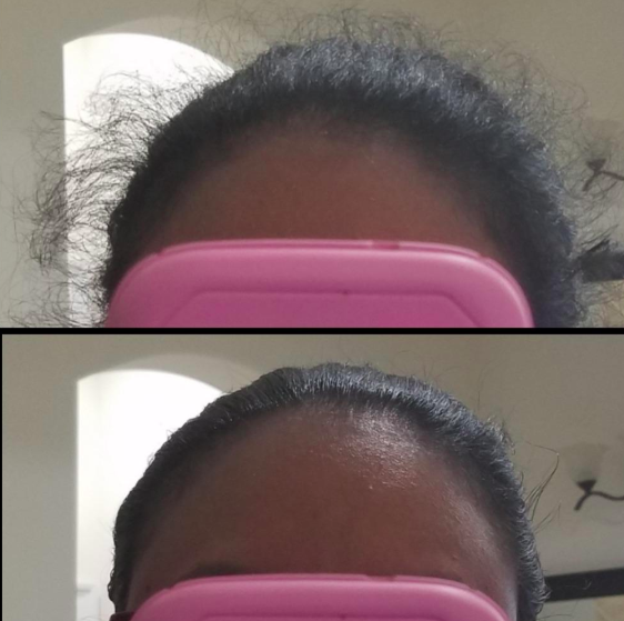 A customer review photo showing their hair before and after using the finishing stick