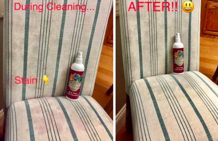 A customer review photo showing their chair before and after using Wine Away