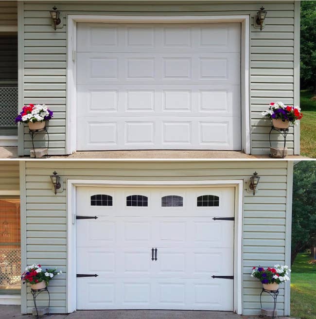 A plain garage door and then the same garage door with decorative hinges and windows