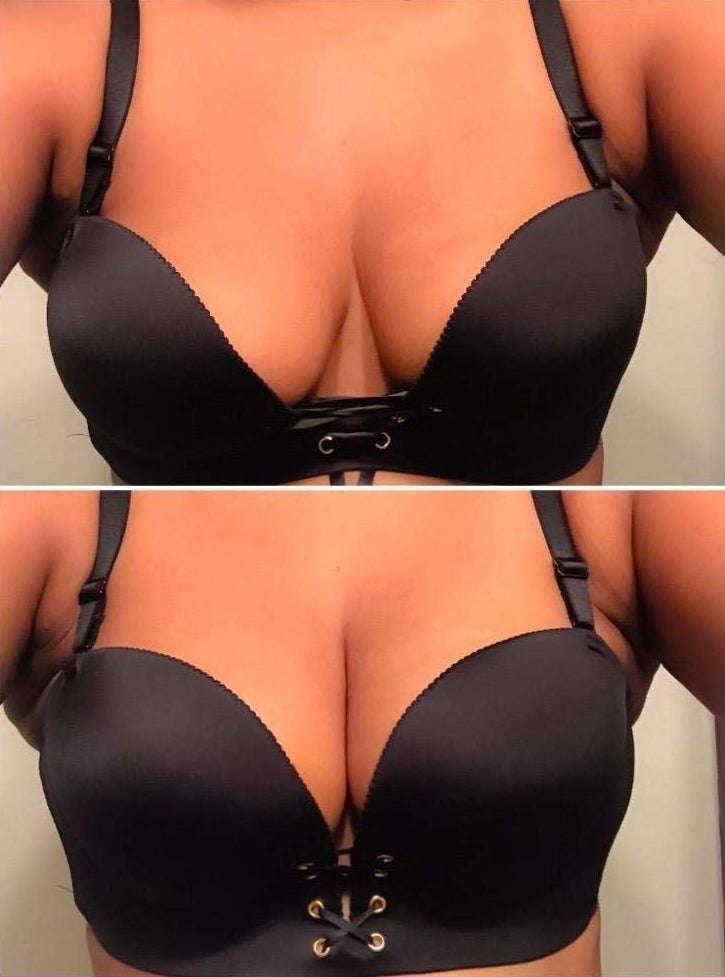 reviewer doing two fits of the bra: one with looser middle laces, and one with tighter ones