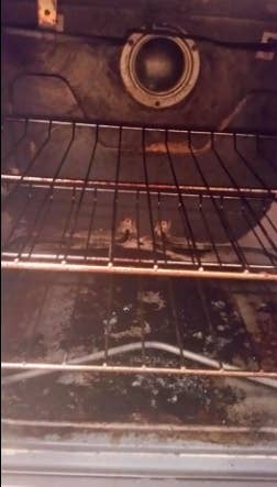 reviewer pic of nasty looking inside of oven with lots of burnt baked on food