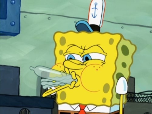 SpongeBob blowing up a glove that looks like a condom