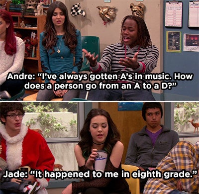 Jade making a joke about going from an A to a D in eighth grade