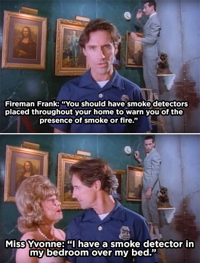 Miss Yvonne telling a fireman she has a smoke detector in her bedroom