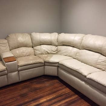 Reviewer's leather couch with half of it discolored and the other half restored its original look