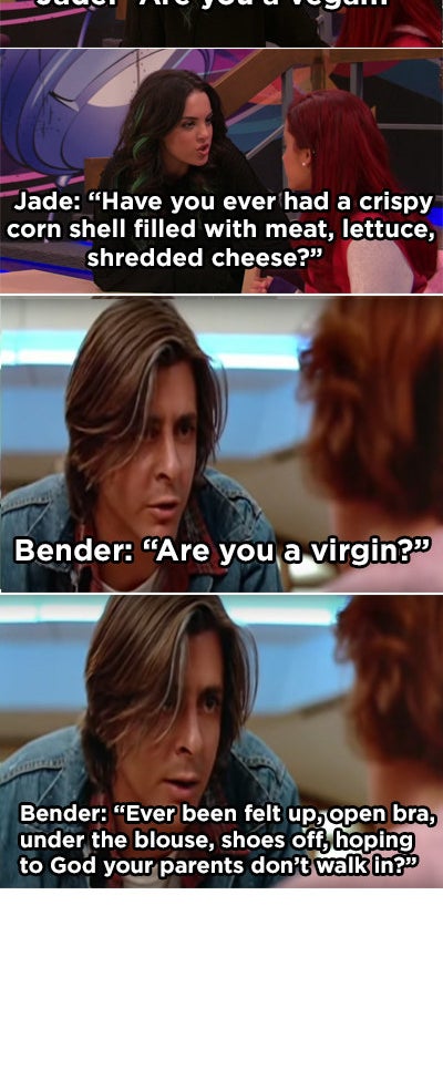 The scene from "Victorious" where Jade asks if Cat's a vegan the the scene from "The Breakfast Club" where Bender asks if Clare's a virgin