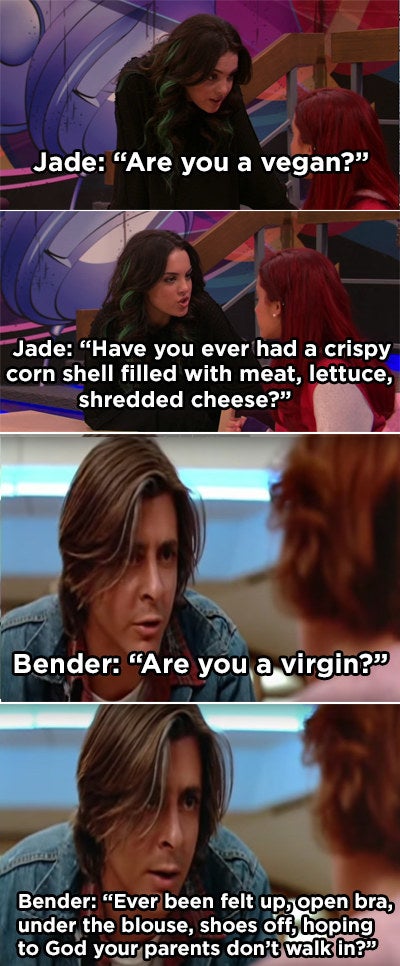 The scene from "Victorious" where Jade asks if Cat's a vegan the the scene from "The Breakfast Club" where Bender asks if Clare's a virgin