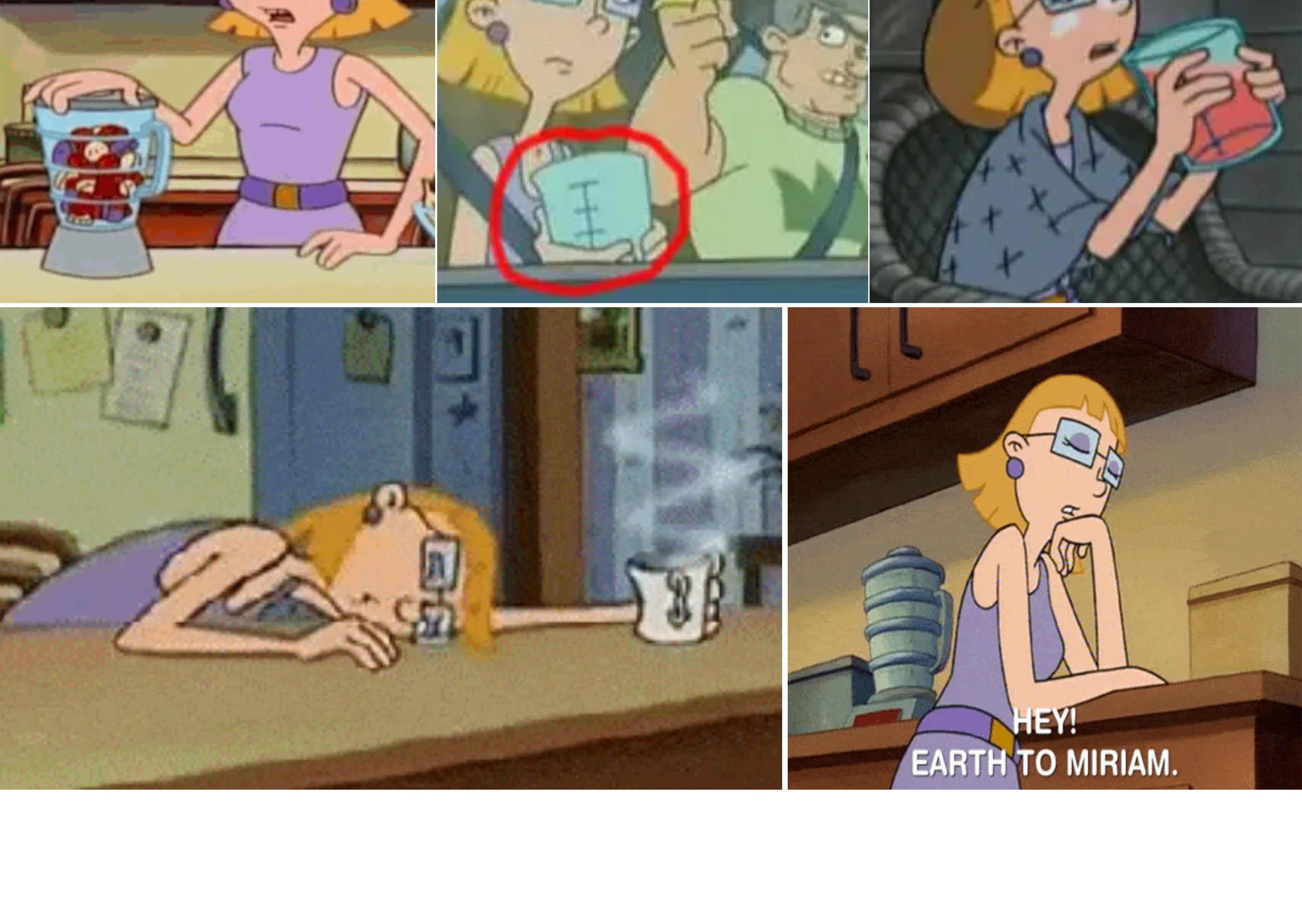Multiple screenshots from the show showing Helga drinking something and always passed out