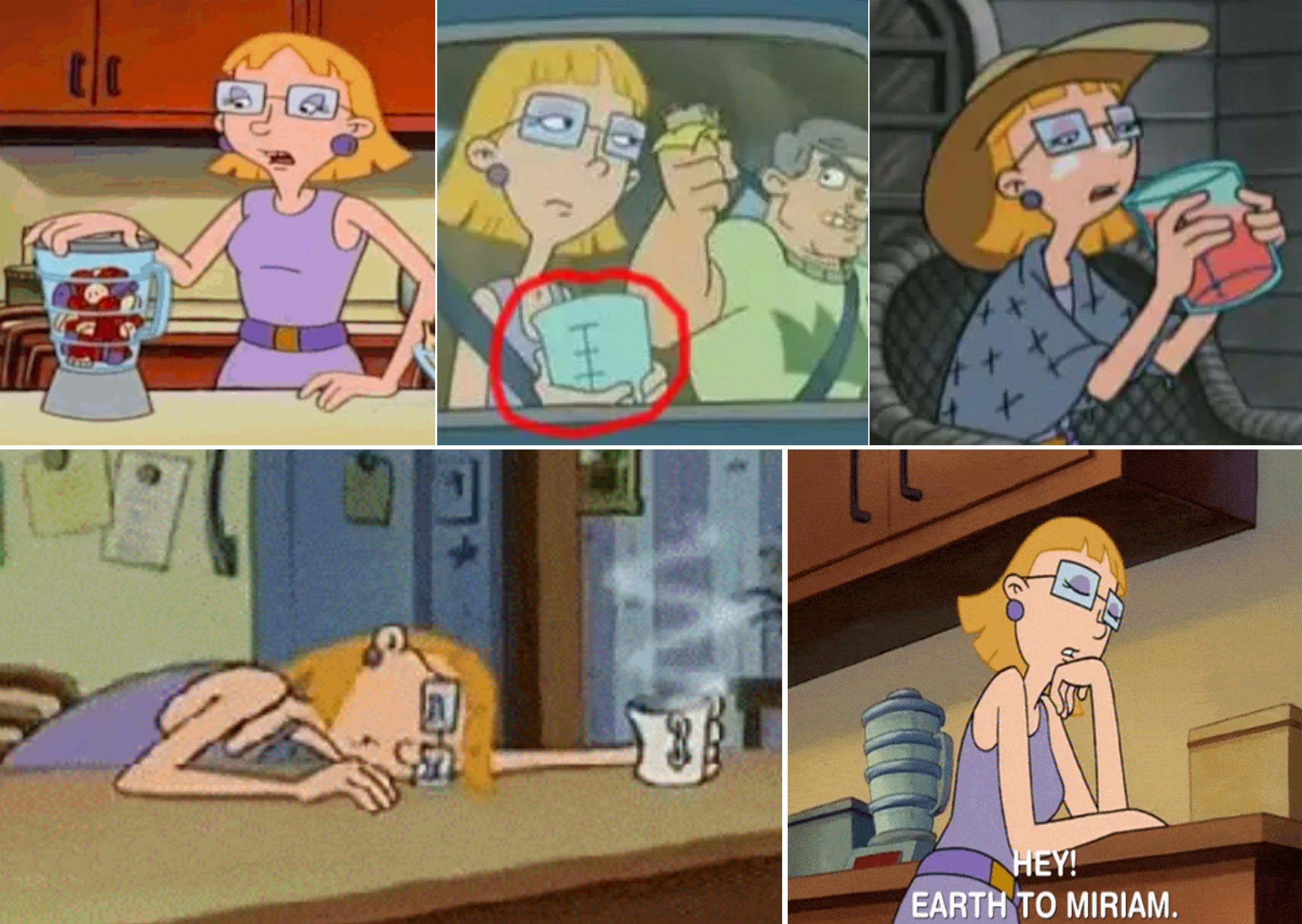 Multiple screenshots from the show showing Helga drinking something and always passed out