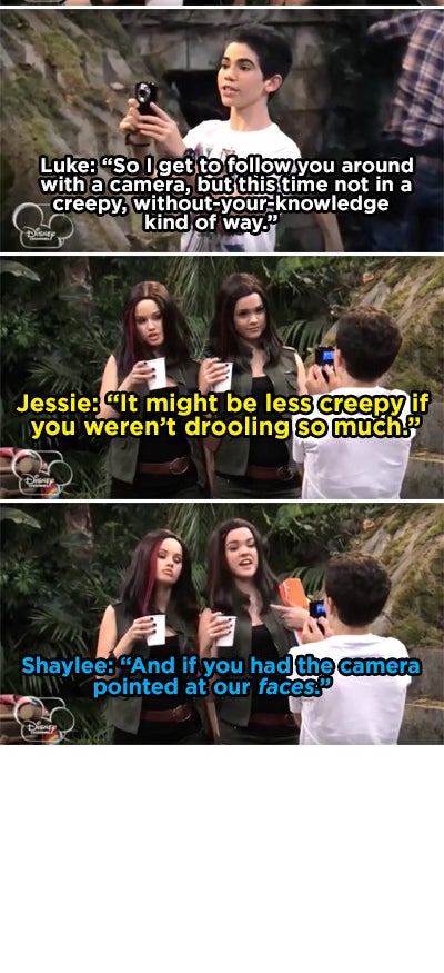 Luke pointing his camera at Jessie's chest