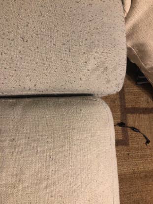 two couch cushions with one that has pills on it before using the fabric shaver then one that's been treated and looks so much better