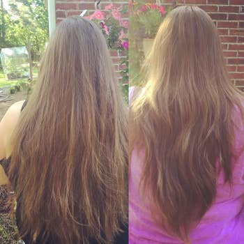 before and after photo of reviewer with long hair and split-ends on right and reduced split-ends on left