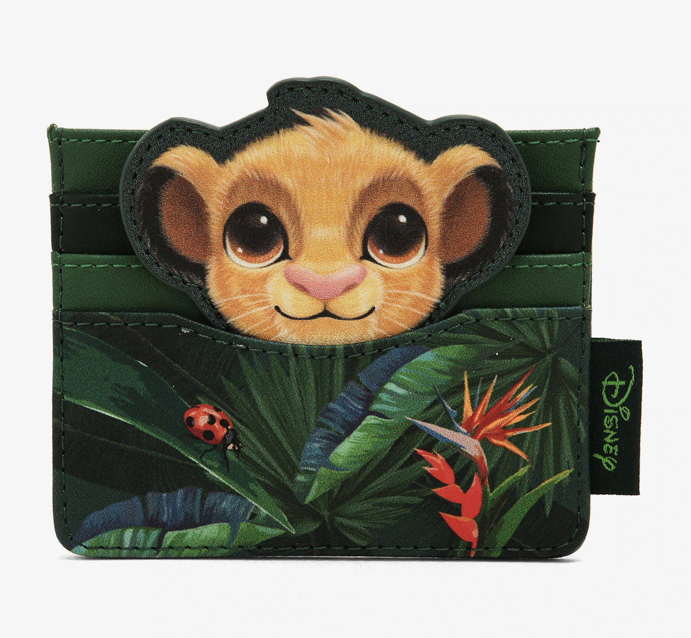 a jungle patterned billfold with baby simba&#x27;s face on it 