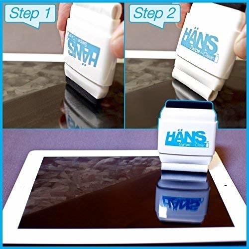 A collage of three photos. The top shows &quot;Step 1&quot; with the cleaner-loaded side being used on a screen, then &quot;Step 2&quot; with the polishing side. The bottom shows the hand-size tool on a tablet with half the screen smudged and half shiny clean