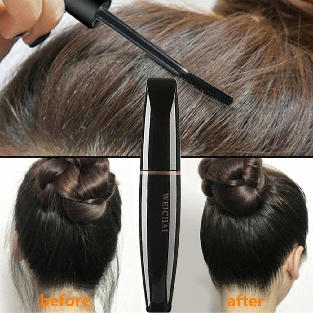 A photoset depicting someone&#x27;s long hair in a bun, and the before/after of applying the hair finisher