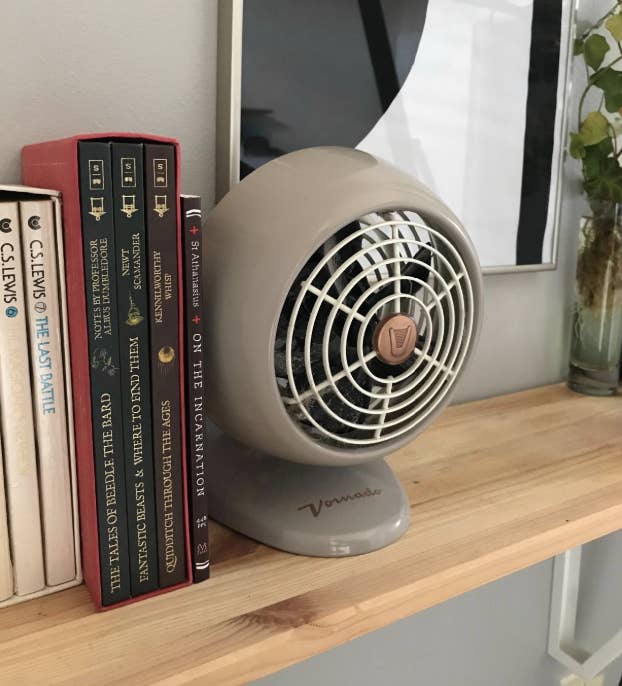 reviewer photo showing the circular, beige colored fan on their mantle