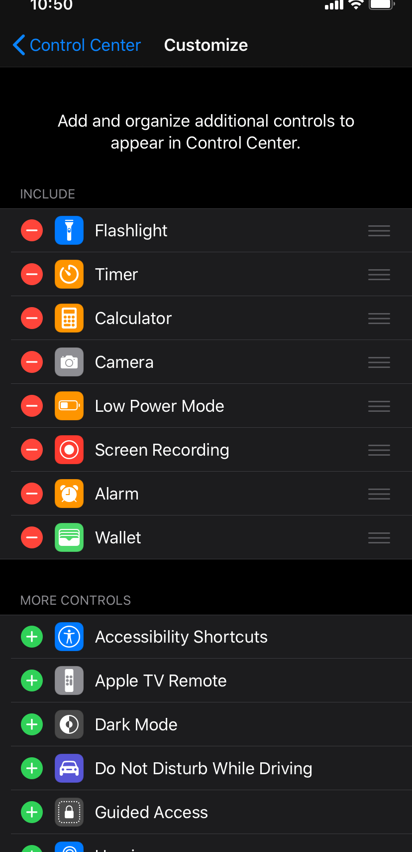 Screenshot of Control Center options