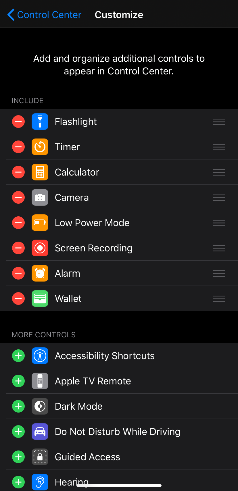 Screenshot of Control Center options