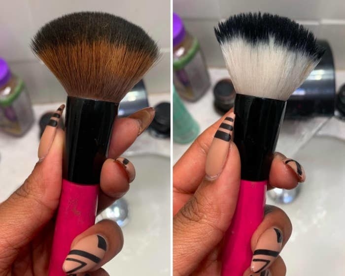 on the left, a reviewer&#x27;s makeup brush looking dirty and on the right, the same cleaning brush now looking clean